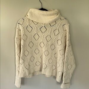 LOFT Cream Openwork Cowl Neck Sweater